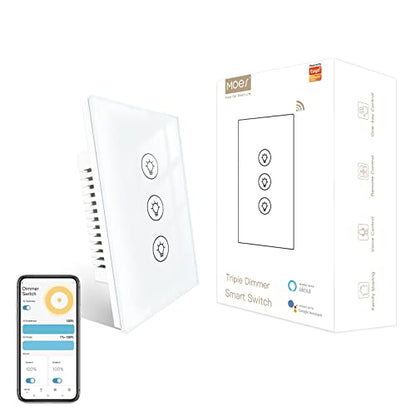 MOES Triple Dimmer Switch for LED Lights, Full Range Dimming, WiFi Smart Light Switch Neutral Wire Required, Single Pole, 300W INC, 75W LED/CFL, Smart Life/Tuya APP Remote Control - color: White, size: Triple Dimmer Switch