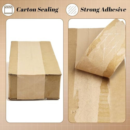 Reinforced Water Activated Gummed Kraft Paper Tape,1.9 inch x 49.2 yd Brown Packing Tape for Heavy Duty Secure Packing and Shipping