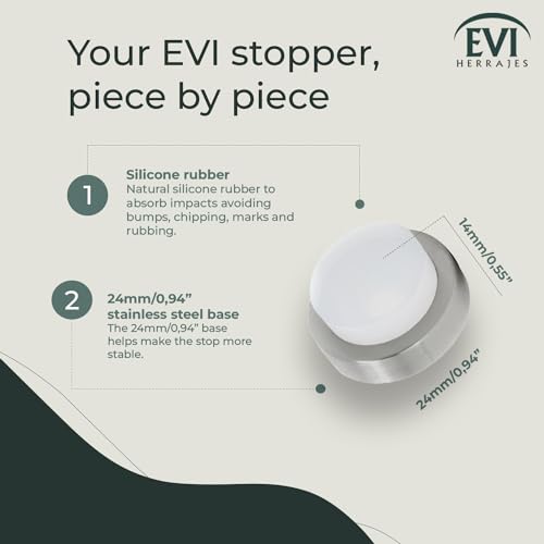 EVI Herrajes | Door Stop | 0.94" x 0.55" | Adhesive or Screw Installation | - color: Stainless Steel - White Rubber