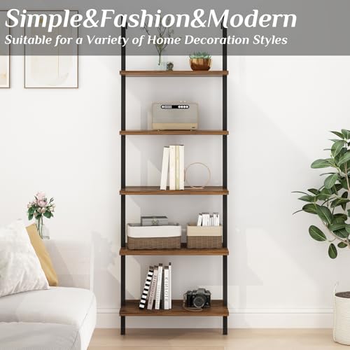 Karl home Rustic Brown 5 Tier Wall Mount Ladder Shelf, Metal Frame Bookcase - color: Rustic Brown
