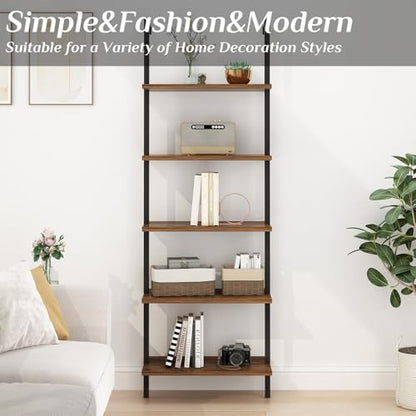 Karl home Rustic Brown 5 Tier Wall Mount Ladder Shelf, Metal Frame Bookcase - color: Rustic Brown