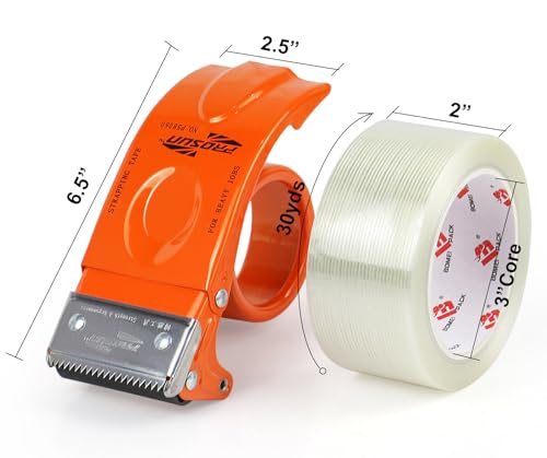 BOMEI PACK Strapping Tape with Dispenser,6 Packs Mono Filament Tape 2 Inch x 30 Yards,Reinforced Fiberglass Packing Tape,Heavy Duty Transparent Strapping Tape for Shipping