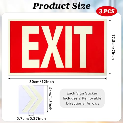 3 Pcs EXIT Signs Stickers Glow In The Dark, Photoluminescent Sign Sticker