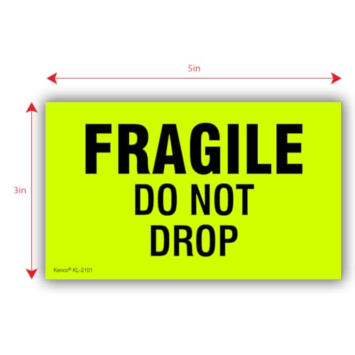 Kenco 3" X 5" Fragile Do not Drop Fluorescent Shipping Label Stickers - 500 Permanent Adhesive Labels Per Roll (5 Pack) - size: 5 PACK