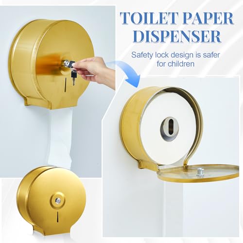 Mifoci 2 Pcs Industrial Toilet Paper Holder Commercial Roll Dispenser Wall Mount Stainless Steel Jumbo Tissue Dispenser Fits 9" Roll Toilet Paper for Office Home Public Places (Gold) - color: Gold
