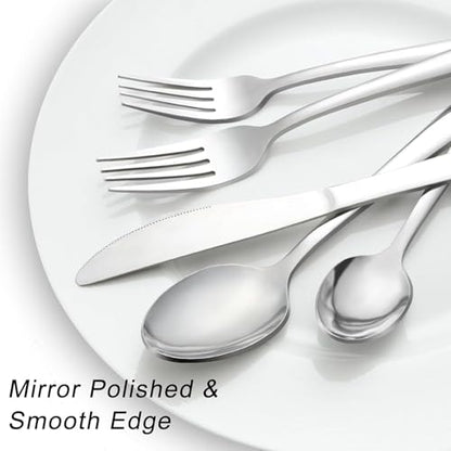 Pleafind 48-Piece Stainless Steel Silverware Set for 8 - Heavy Duty Flatware Set Including Steak Knives, Forks, Spoons and Dinner Knives, Mirror Polished Kitchen Utensils Set, Dishwasher Safe - size: 48 pieces