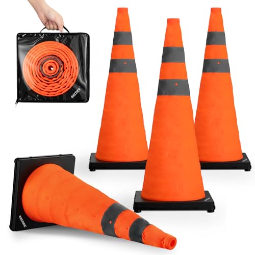 BATTIFE 28 inch Collapsible Traffic Safety Cones Orange Plastic Base 4 Pack - size: 28inch