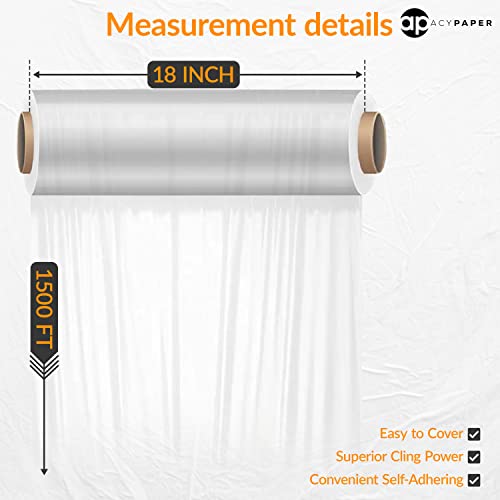 ACYPAPER, 18" Stretch Film/Wrap 1200 feet 80 Gauge Industrial Strength, up to 800% Stretch 20 Microns Clear Cling Durable Adhering Packing Moving Packaging Heavy Duty Shrink Film (4 Rolls/Box)