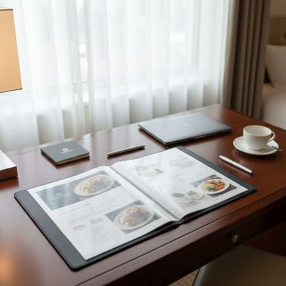 Premium Vegan Leather Menu Cover 8.5 x 11, 4 Page 8 View Menu Folder with Clear Sleeves, Restaurant Menu Holder, Portfolio Binder, Sheet Music Folder, Hotel & Guesthouse Presentation Book - color: Black