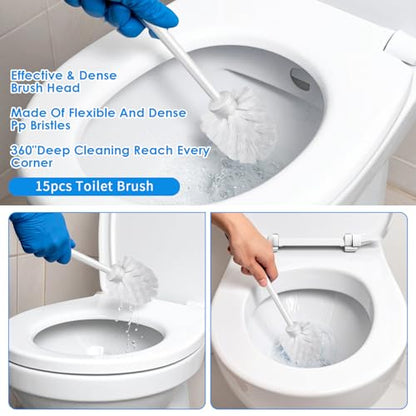 15 Pcs 14.6 Inch White Plastic Toilet Brush, Commercial Heavy Duty Toilet Bowl Cleaner with Long Handle for Bathroom Cleaning