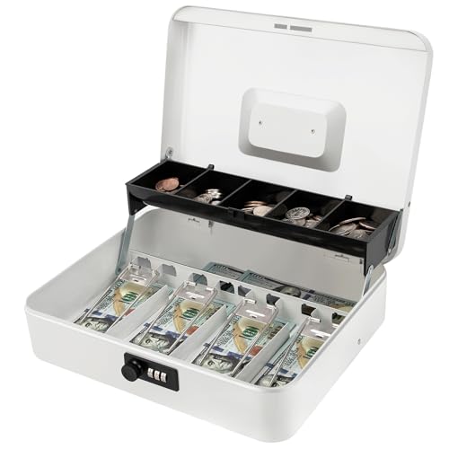 Jssmst Metal Cash Box with Money Tray and Lock, Portable Cash Drawer, 11.8" - color: White Code-A