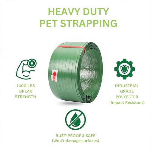 Heavy Duty Green PET Strapping Roll – Polyester Packaging Banding Coil 5/8" x 1000' x 0.035", 1400 lbs Break Strength Pallet Strap, Impact Resistant Plastic Strapping with Self-Dispensing Box - size: 1000 FT Roll