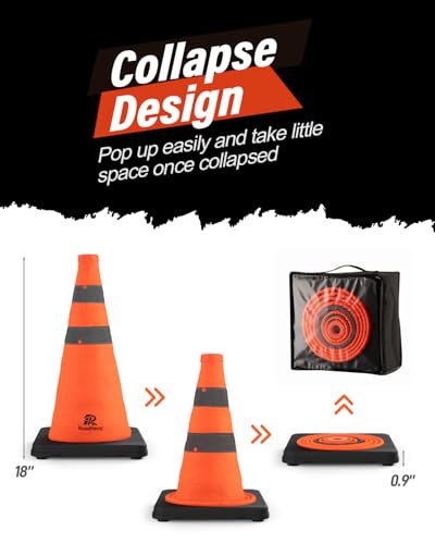 RoadHero 3 Pack 18 Inch Collapsible Traffic Cones with Black Base - size: 18 Inch