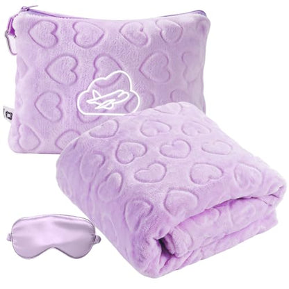 Travel Blanket, Airplane Blanket, Ultra-Soft, Warm & Lightweight, 65x40 in, Outdoor Blanket Essentials for Women, Men & Kids, Included Eye Mask, Luggage Sleeve & Backpack Clip Heart Purple - color: Heart Purple