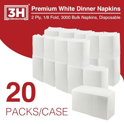 1/8 Fold White Dinner Napkins Disposable, 2-Ply 3000 Paper Napkins Bulk (20 Pack, 150/Pack), 7.1" x 4.1" Folded, Premium Servilletas for Restaurant, Catering & Everyday Lunch Refill - size: 3000 Ct 1/8-Fold