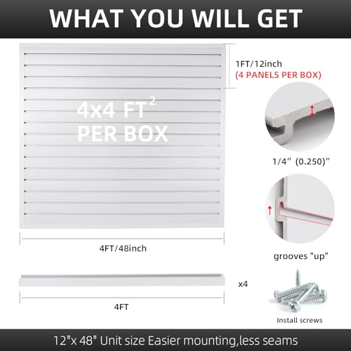 FRAYSCENT Slat Wall Paneling Garage Wall Organizer, Slatwall Panels Garage Tool Organizer Wall Mount Garage Slat Wall Storage Systems, Slat Board PVC Wall Panels Garage Storage (White, 4ftx4ft) - color: White, size: 4x4ft