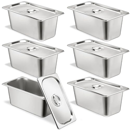 6 Pack Hotel Pans 1/3 Size 6" Deep Stainless Steel Steam Table Pan w/Lids - color: 1/3, size: 6'' Deep