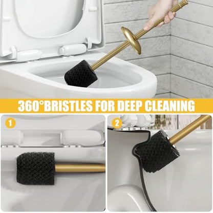 BESy Toilet Brush and Holder, Toilet Cleaner Bowl Set with Two Brush with Extra Long Handle, Durable Bristles Toilet Scrubber and Covered Holder, Drip-Proof Stainless Steel Brushed Gold - color: Brushed Gold