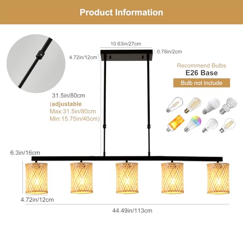 Siittoo 44.49 in Rattan Chandelier, Linear Kitchen Island Pendant Light - color: 44.49 in/Pale straw yellow-5-light