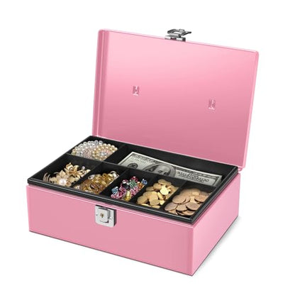 Flexzion Cash Box with Money Tray and Lock - Metal Money Box for Cash Storage with Secure Latch Lock & Key - Pink Petty Cash Box with 7 Compartment Money Tray for Small Businesses, 11x7.7x3.5 Inches - color: Pink