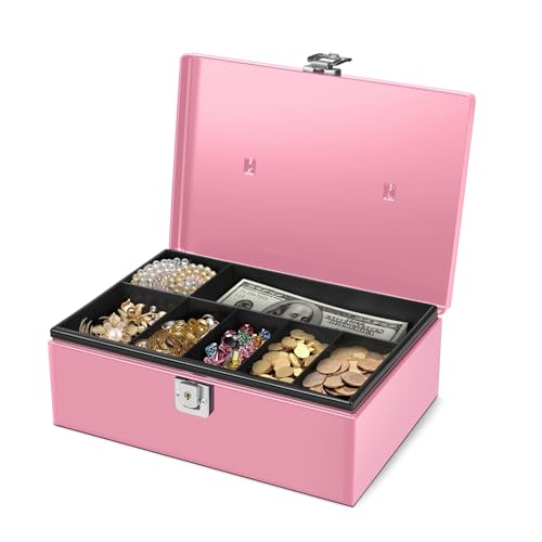 Flexzion Cash Box with Money Tray and Lock - Metal Money Box for Cash Storage with Secure Latch Lock & Key - Pink Petty Cash Box with 7 Compartment Money Tray for Small Businesses, 11x7.7x3.5 Inches - color: Pink