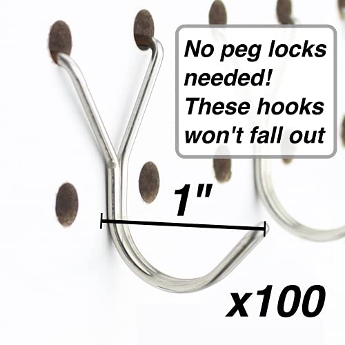 Stainless Steel Pegboard Hooks 100-Pack 1in J-Hook - Will Not Fall Out - Fits Any Peg Board - Multipurpose - Organize Necklaces, Jewelry, Retail Items, Keys, Craft or Supplies - color: Stainless Steel, size: 1” - 100Pack