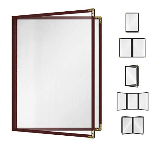 Goodsmart Restaurant Menu Covers - 25 Pack Burgundy 8.5" x 11", 2-Page/4-View, Side-Loading Vinyl Menu Holders, Clear Sleeves, Double-Stitched Edge, Leather-Style Café Menu Covers with Gold Corners - color: Burgundy, size: 2 Pages / 4 Views - 8.5" x 11"
