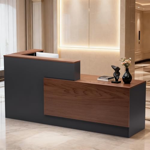 L-Shaped Large Wooden Reception Desk, Modern Front Desk Reception Counter with Lockable Drawers & Storage & Keyboard Tray, for Checkout, Lobby (Right-Walnut/Gray, 87''L x 42''W x 41''H) - color: Walnut+gray, size: Right-87''L x 42''W x 41''H