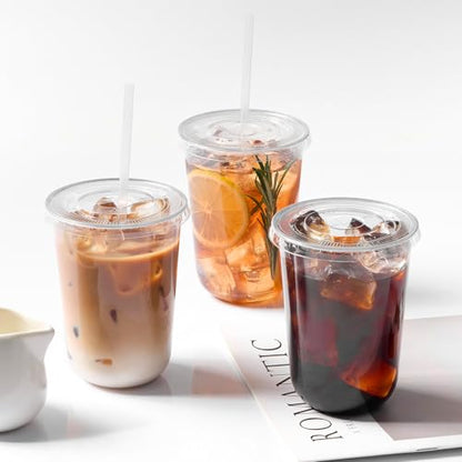 100 Pack 16 oz Plastic Coffee Cups with Lids and Straws