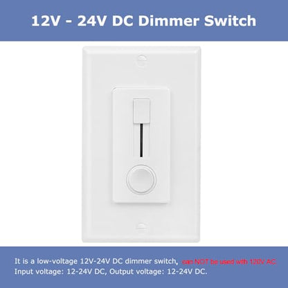 12-24V DC Dimmer Switch for LED Strip Lights - Vertical Slider Wall Mount Control, Single Color, Can NOT Be Used with 120V, Wall Plate Included (1 Pack, White)