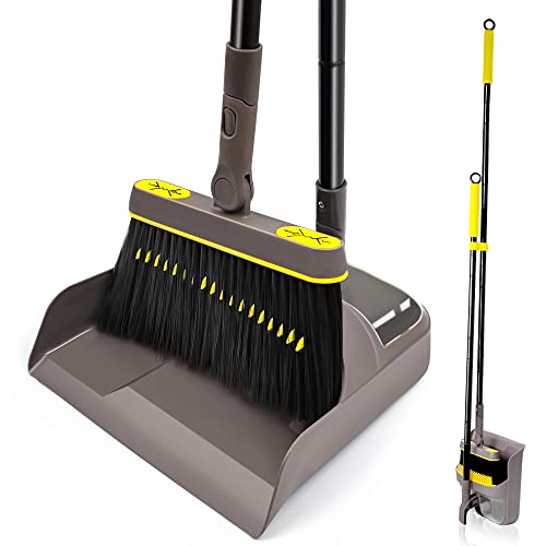 JEHONN Broom with Dustpan Combo Set, Long Handle Lightweight 180 Degree Rotating Sweeping Brush Indoor, Upright Standing Dust Pan with Comb Teeth for Home Room Kitchen Office Lobby (Brown Yellow) - color: Brown Yellow