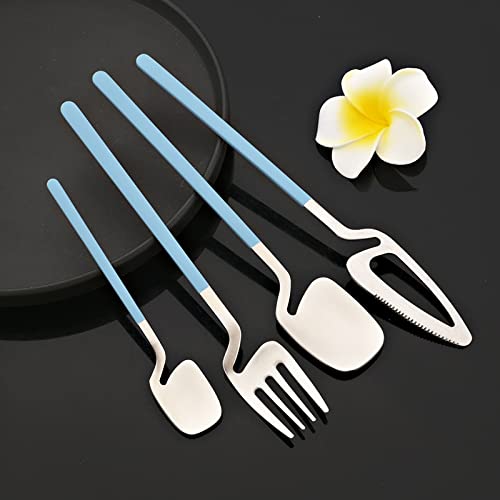 JASHII Silverware Set Satin Finish 24-Piece Stainless Steel Flatware Set Kitchen Utensil Set Service for 6 Tableware Cutlery Set Dishwasher Safe (Matte Blue Silver) - color: Blue silver 24pcs, size: service 6
