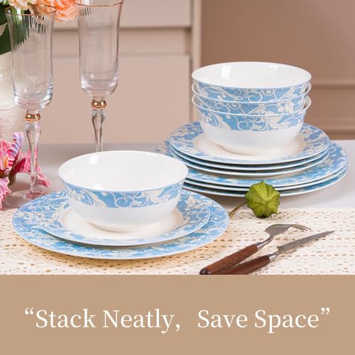 Bone China Dinnerware Set for 4, 12 Pcs White Plates and Bowls, Blue Rim - color: Light Blue