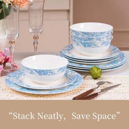 Bone China Dinnerware Set for 4, 12 Pcs White Plates and Bowls, Blue Rim - color: Light Blue