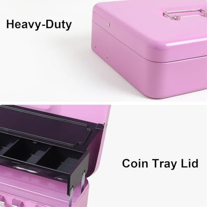 Jssmst Metal Cash Box with Money Tray and Lock, Portable Cash Drawer, 11.8" - color: Light Purple Key
