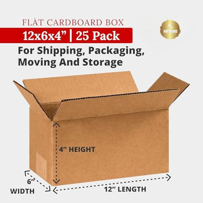 12"L x 6"W x 4"H Flat Shipping Boxes (25-Pack) | Corrugated Cardboard Single-Wall Long Kraft Boxes for Moving, Packing and Storage - size: 12x6x4