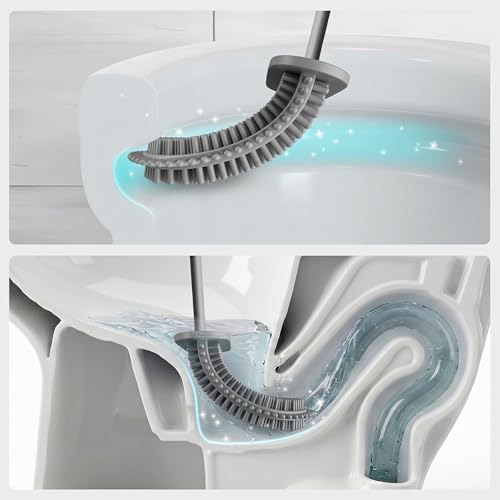 Modern Minimalist Silicone Grey Toilet Brush and Holder Set – Pack of 1 Wall Mounted Toilet Bowl Brush – Long Non-Slip Handle, Flexible Bristles for Self-Cleaning & Splash-Free, Easy-Rinse Design - color: Gray, size: Pack of 1