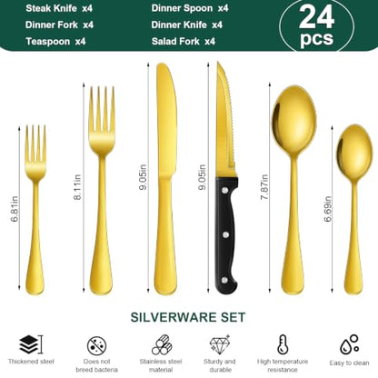 24-Piece Gold Silverware Set with Steak Knives Stainless Steel Flatware Set for 4 Food Grade Tableware Cutlery Set Rust-proof, Mirror Polished, Dishwasher Safe - size: 24Pcs-C