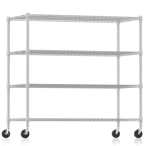 Himimi Storage Shelves 60"W Wire Shelving with Wheels 2600LBS Heavy Duty Metal Shelves for Storage, 4-Tier Adjustable Wire Rack Shelving Garage Shelving Kitchen Storage Shelves 24"Dx60"Wx72"H, Silver - color: Silver, size: 24"D×60"W×72"H, 4-Tier