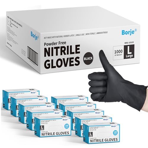 Borje Nitrile Gloves Large, 1000 Count Disposable Gloves, Black - color: Black of 1000, size: Large