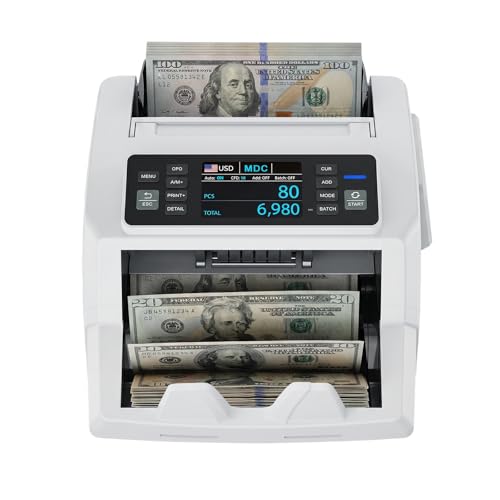 Mixed Denomination Money Counter & High-Security Counterfeit Detector (UV/MG/IR/DD) for USD/EUR/MXN/GBP/CAD, Dual-Display Cash Counting Machine, White