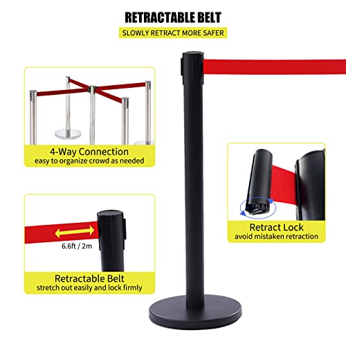 Crowd Control Stanchion, Set of 6 Pieces Stanchion, with 6.6 ft/2 m Red Retractable Belt, Black Steel Crowd Control Barrier w/Rubber Base - Easy Connect Assembly