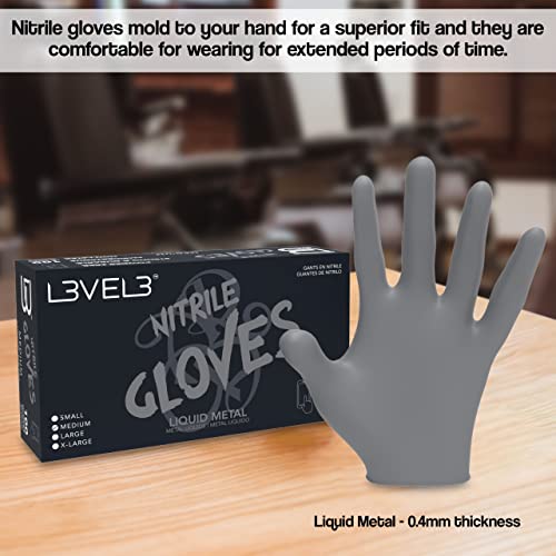 L3 Level 3 Nitrile Gloves - Professional Heavy Duty Disposable Gloves - Latex Free - Fits Snug - Box of 100 - color: Silver, size: Large (Pack of 100)