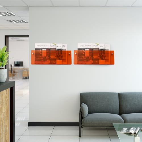 2 Pack Orange Acrylic Magazine Holder, Wall Mount Hanging Bookshelf Literature Storage Rack, Brochure File Display Shelf for Waiting Room, Living Room, Office, Home - size: Orange 17 Inch