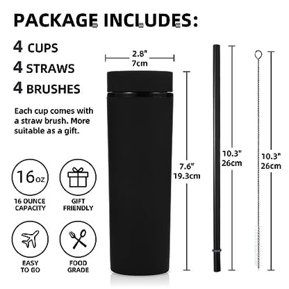 Volhoply 16oz Plastic Skinny Tumbler with Lid and Straw Bulk 4 Pack,Insulated Double Wall BPA Free Matte Acrylic Tumblers,Iced Coffee Travel Mug Reusable Party Cup,Customizable Diy Gifts(Black,4 Set) - color: Black