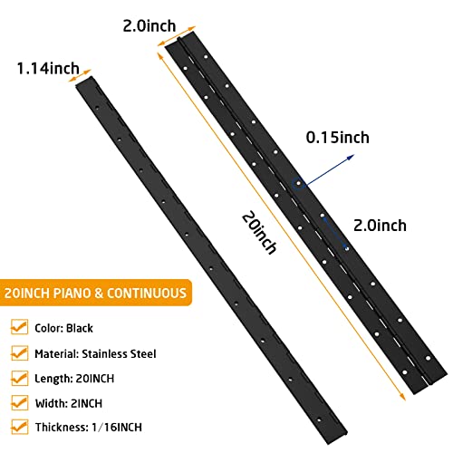 2PCS 20" Stainless Steel Piano Hinge, 0.06" Thick Heavy Duty Piano Hinge - color: Black, size: 20Inch x 2Inch