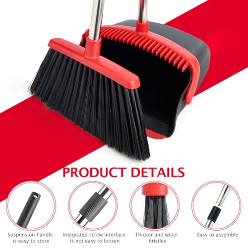 Broom and Dustpan Combo Set,51" Long Handle,Black Red - color: Black Red