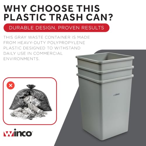 Winco 35 Gallon Gray Commercial Square Plastic Trash Can - color: Gray, size: 35 Gallon