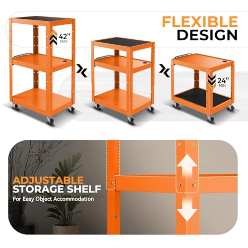 Auto Dynasty Adjustable AV Cart w/Power Strip, 4 ft Rolling Stand, Orange - color: Orange