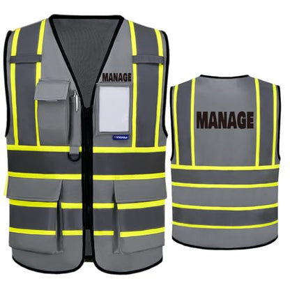 AYKRM Security Vest for Men Women 7 Pockets High Visibility Reflective Safety Vest Front Zipper Meets ANSI/ISEA - color: Grey-manage, size: 5X-Large